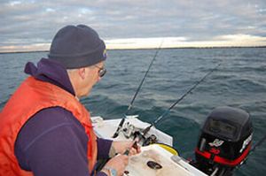 Haines Hunter MD John Haber displays a 760 prototype hull.